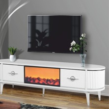 Neva Mobilya Maya Şömineli Tv Sehpası Beyaz Gümüş Detaylı Oval Tasarım 180x53x40 Cm