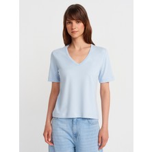 31840 V Yaka Kısa Kollu T-Shirt-Açık Mavi