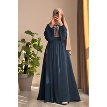 Ande Tesettür Düğmeli Garni Elbise-Petrol/ Bej