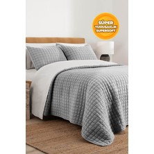 Evlen Home Collection %100 Pamuk Çift Kişilik Yatak Örtüsü Seti Taş Yıkama 3 Parça Elyaf Dolgulu Yumuşak Joy Gri