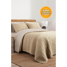 Evlen Home Collection %100 Pamuk Çift Kişilik Yatak Örtüsü Seti Taş Yıkama 3 Parça Elyaf Dolgulu Yumuşak Joy Bej