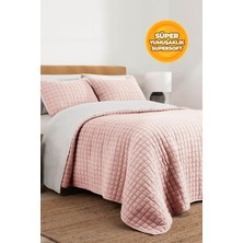 Evlen Home Collection %100 Pamuk Çift Kişilik Yatak Örtüsü Seti Taş Yıkama 3 Parça Elyaf Dolgulu Yumuşak Joy Pudra