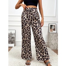 Moda Kumsal Kadın Yüksek Bel Beli Lastikli Bağcıklı Leopar Desenli Süprem Pantolon