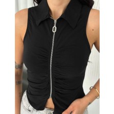 Yakalı Tam Fermuarlı Kolsuz Bluz - Siyah