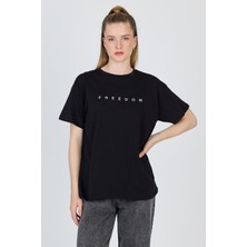 Siyah Yazı Baskılı %100 Pamuk Oversize Tişört 2150-3M