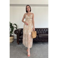 Batik Desen Özel Seri Şifon Yaryo Elbise- Pudra