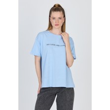 Mavi Yazı Baskılı %100 Pamuk Oversize Tişört 2150-5M