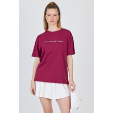 Bordo Yazı Baskılı %100 Pamuk Oversize Tişört 2150-5M