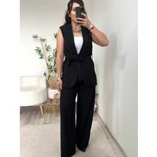 Siyah Arka Beli Lastikli Palazzo Pantolon