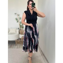 Siyah Eteği Şifon Kemer Detaylı Denim Elbise
