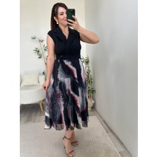 Siyah Eteği Şifon Kemer Detaylı Denim Elbise