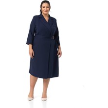 Büyük Beden Kruvaze Yaka Truvakar Kol Pileli Midi Lacivert Elbise