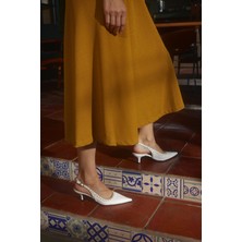 Seniorah Ankle Beyaz Cilt Zımbalı Sivri Burun Kadın Topuklu Ayakkabı