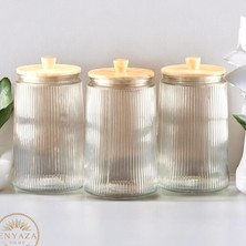 3’lü Bambu Vakum Kapaklı Çizgili Cam Çay Şeker Kahve Tuz Bakliyat Saklama Kavanozu 1800 ml