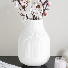 Seramik Boğumlu Çizgili Vazo - Yapay Çiçek Kuru Çiçek Pampas Vazosu Dekoratif Vazo 22CM Beyaz
