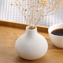 Seramik Çizgili Mini Vazo - Boğumlu Vazo Minimal Dekoratif Obje Pampas Vazosu 11CM Beyaz