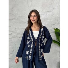 Lacivert Nakış Işlemeli Müslin Kimono