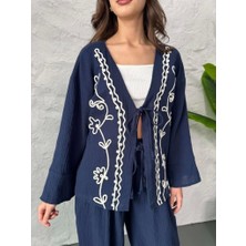 Lacivert Nakış Işlemeli Müslin Kimono