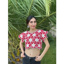 El Örgüsü Kar Tanesi Motifli Kadın Crop Bluz S/m