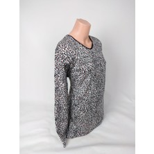 Kadın Siyah Bej  U Yaka Uzun Kollu Desenli Yırtmaçlı Dokuma Viskon Anne Penye Tişört