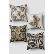 Kahverengi Bej Tropikal Hayvan Desenli 4'lü Kırlent Kılıfı Seti