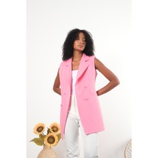Kadın Pembe Uzun Kruvaze Dokuma Yelek