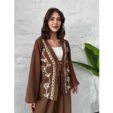 Kahve Nakış Işlemeli Müslin Kimono