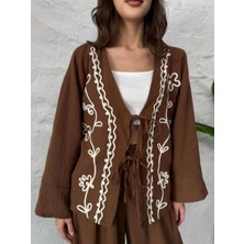 Kahve Nakış Işlemeli Müslin Kimono