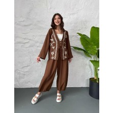 Kahve Nakış Işlemeli Müslin Kimono