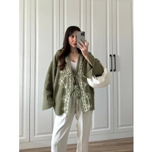 Haki Nakış Işlemeli Müslin Kimono