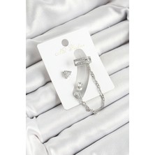 Pirinç Üçgen Figürlü Zirkon Taşlı Gümüş Renk 3'lü Kıkırdak Kadın Küpe Set