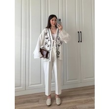 Krem Nakış Işlemeli Müslin Kimono
