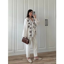 Krem Nakış Işlemeli Müslin Kimono