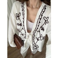 Krem Nakış Işlemeli Müslin Kimono