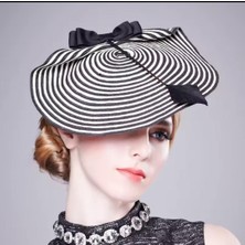 Kore Tarzı, Zarif Kadın Resmi Şapka, Fascinator Gece Şapka, Beyaz Siyah Çizgili Yay Gelin Şapkaları, Kadın Şapka
