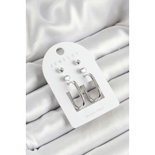 Pirinç Zirkon Taş ve Dikdörtgen Figürlü Gümüş Renk 3'lü Çift Kadın Küpe Set