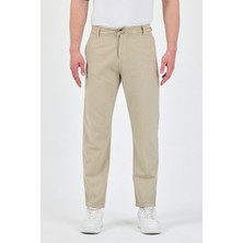 Erkek Bej Pamuklu Keten Görünümlü Beli Bağcıklı Relaxed Fit Yazlık Chino Pantolon