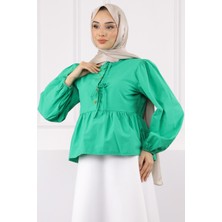 Yeşil Kol Lastikli Poplin Gömlek