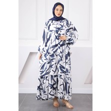 Lacivert Yarım Düğmeli Eteği Katlı Elbise