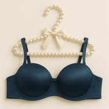 Çizgili Saten Işıltısı Petrol Mavisi B Cup Push-Up Straplez Sütyen