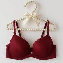 Çizgili Saten Işıltısı Koyu Bordo B Cup Push-Up Straplez Sütyen