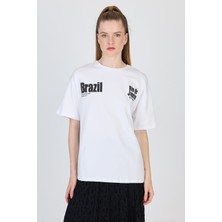 Beyaz Yazı Baskılı %100 Pamuk Oversize Tişört 6403