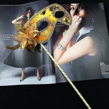 Kapamarka Lüks Taşlı Saplı Balo Maskesi Altın Renk