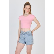 Pembe Bisiklet Yaka Pamuklu Slim Fit Crop Tişört 9199M
