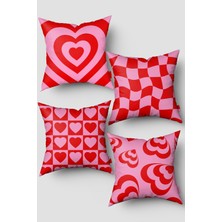Kırmızı Pembe Kalp Desenli 4'lü Kırlent Kılıfı Seti