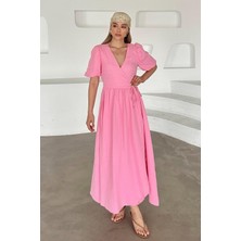 V Yaka Belden Bağlamalı Müslin Elbise Pembe 9354-E