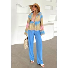 Arkası Lastikli Pileli Palazzo Pantolon Mavi 7584