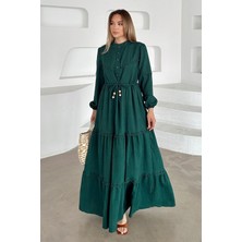 Fisto Detaylı Belden Büzgülü Keten Görünümlü Elbise Yeşil 9235-E