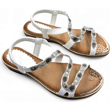 Guja G25Y122 Lastikli Taşlı 3 cm Alçak Topuklu Beyaz Şık Sandalet