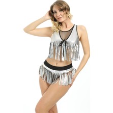 Zariften Gri Deri ( Lame ) Püsküllü Gecelik - 428